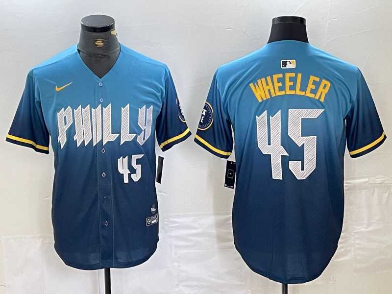 Men%27s Philadelphia Phillies #45 Zack Wheeler Blue 2024 City Player Number Cool Base Stitched Jersey